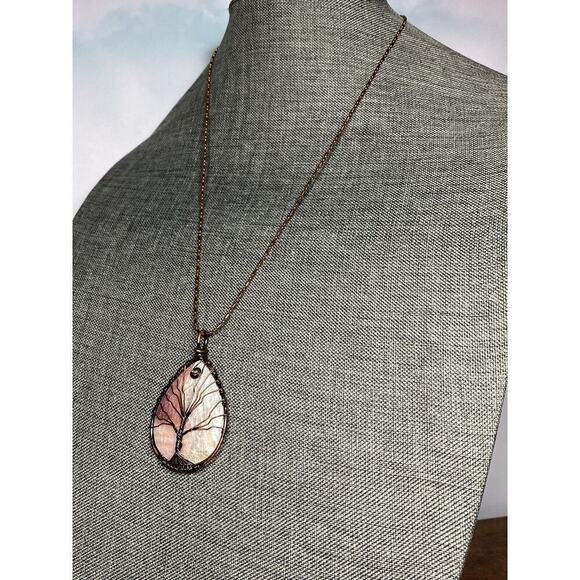 Necklace Mother of Pearl Tree of Life Wire Work Cooper Rose Gold Tone Chain 23” - Picture 12 of 13